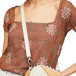 Free People Embroidery Flower Top Tie Waist Bohemian Vibe Small Brown